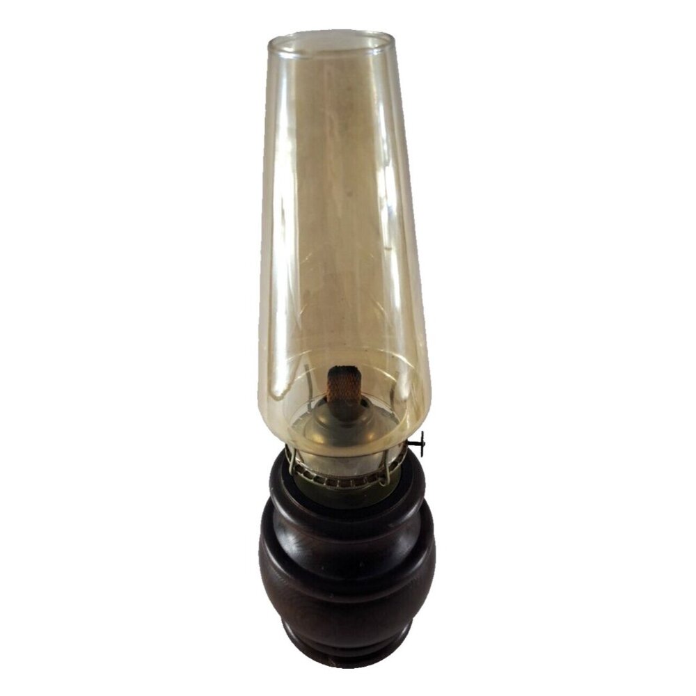 Vintage Oil Lamp Wood Base Hurricane Kerosene Glass Shade Rustic Primitive 15"